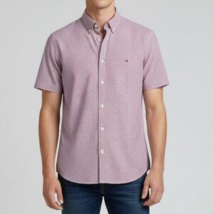 Tommy Hilfiger Cotton Button Down Short Sleeve Custom Fit Red Shirt Medi…